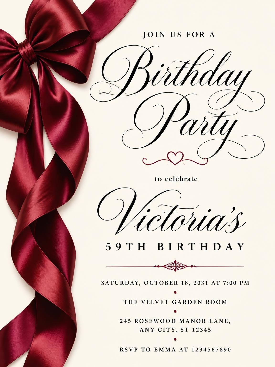 Burgundy Satin Bow 59th Birthday Invitation