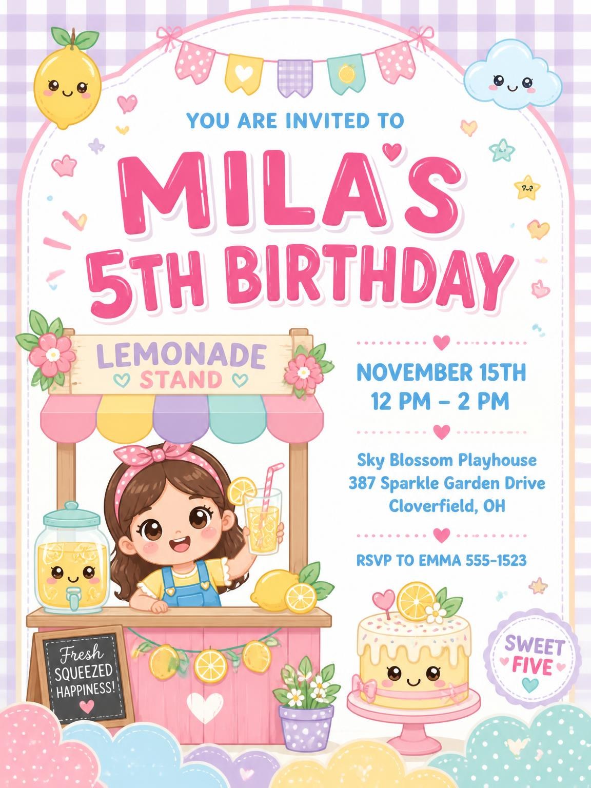 Lemon Kawaii Pastel 5th Birthday Invitation