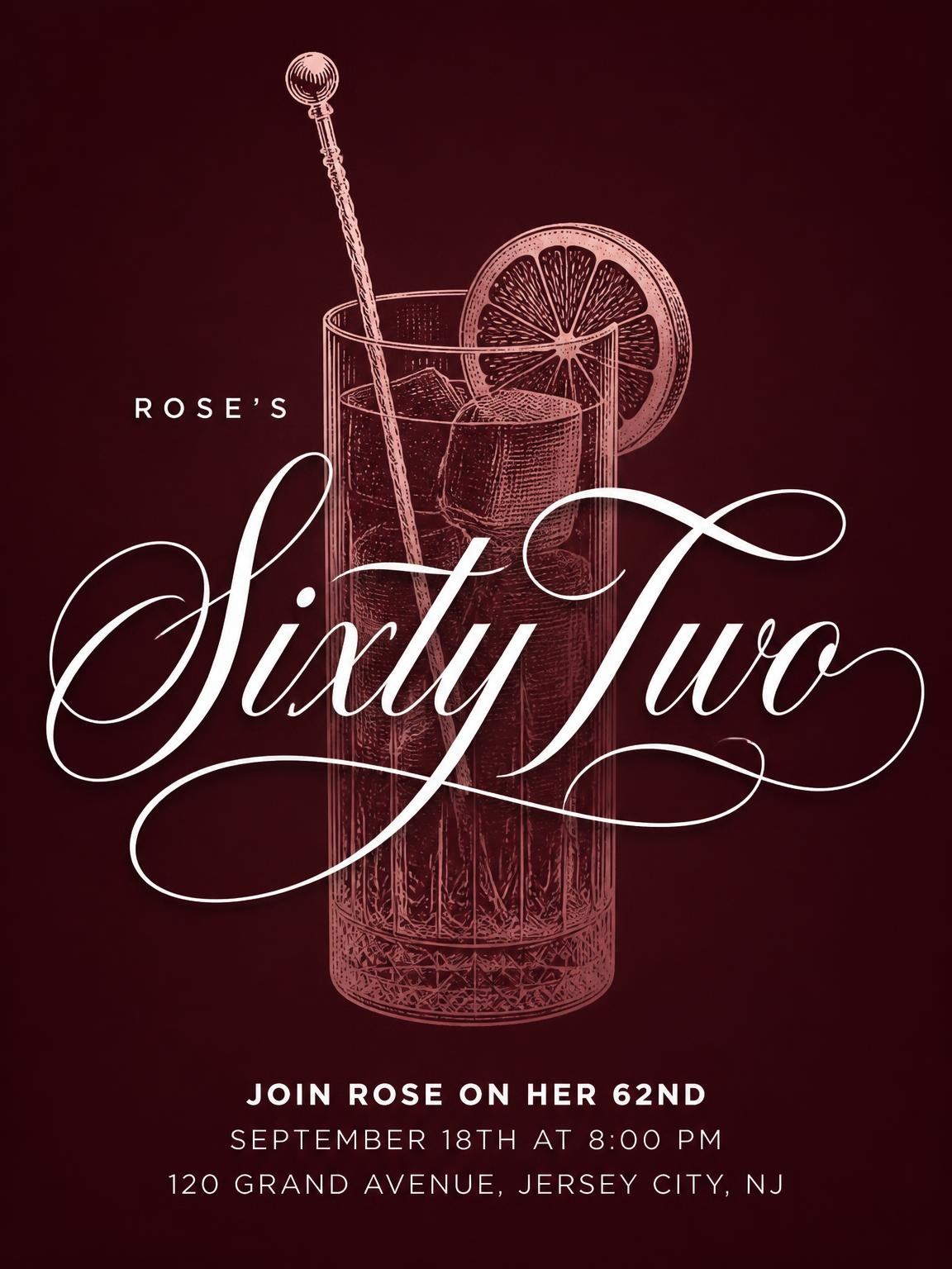 Burgundy Cocktail 62nd Birthday Invitation