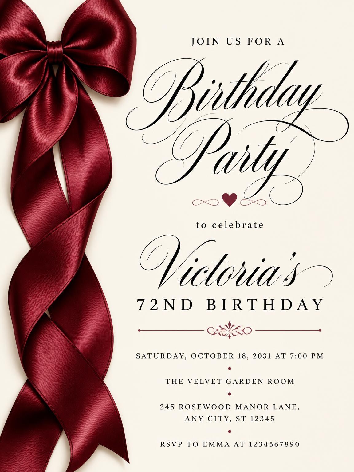 Burgundy Satin Bow 72nd Birthday Invitation