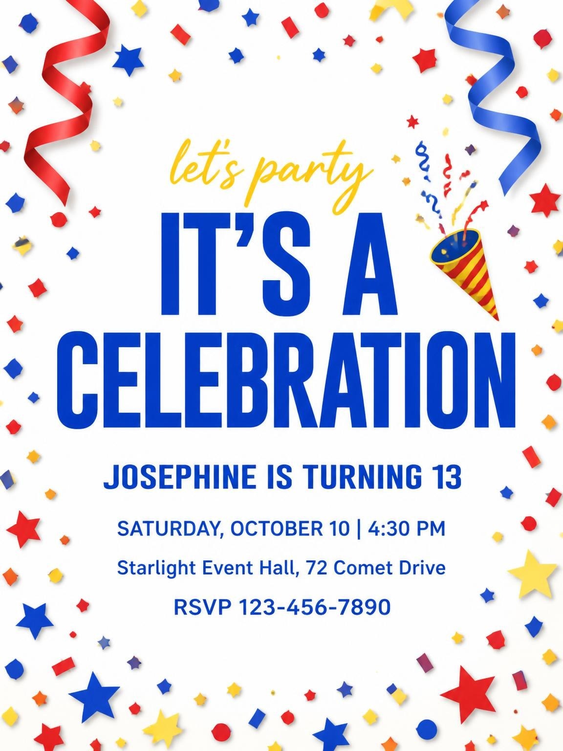 Primary Color Confetti 13th Birthday Invitation