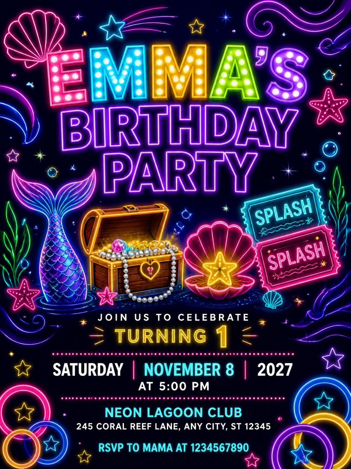 Neon Mermaid 1st Birthday Invitation