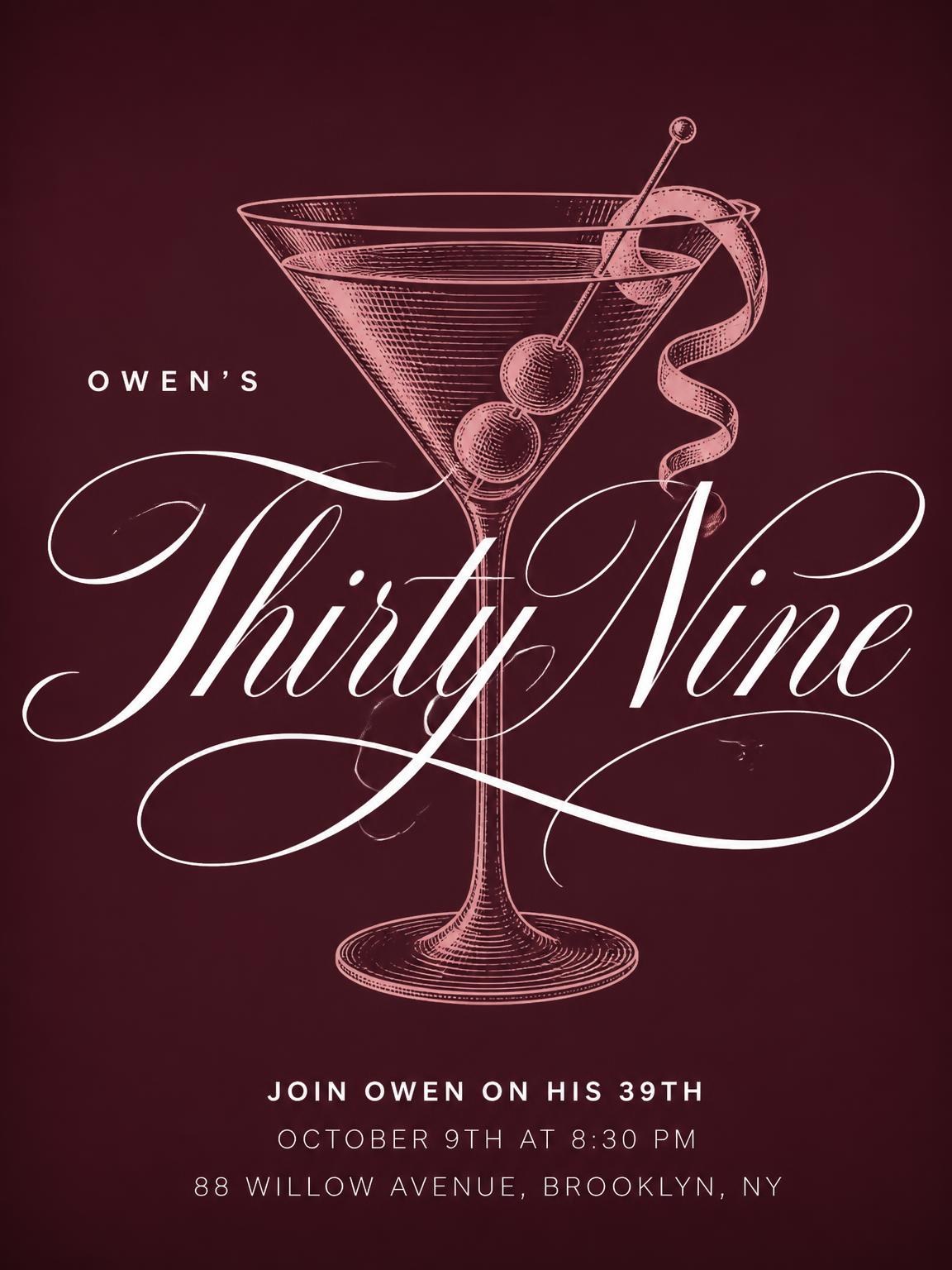 Burgundy Cocktail 39th Birthday Invitation