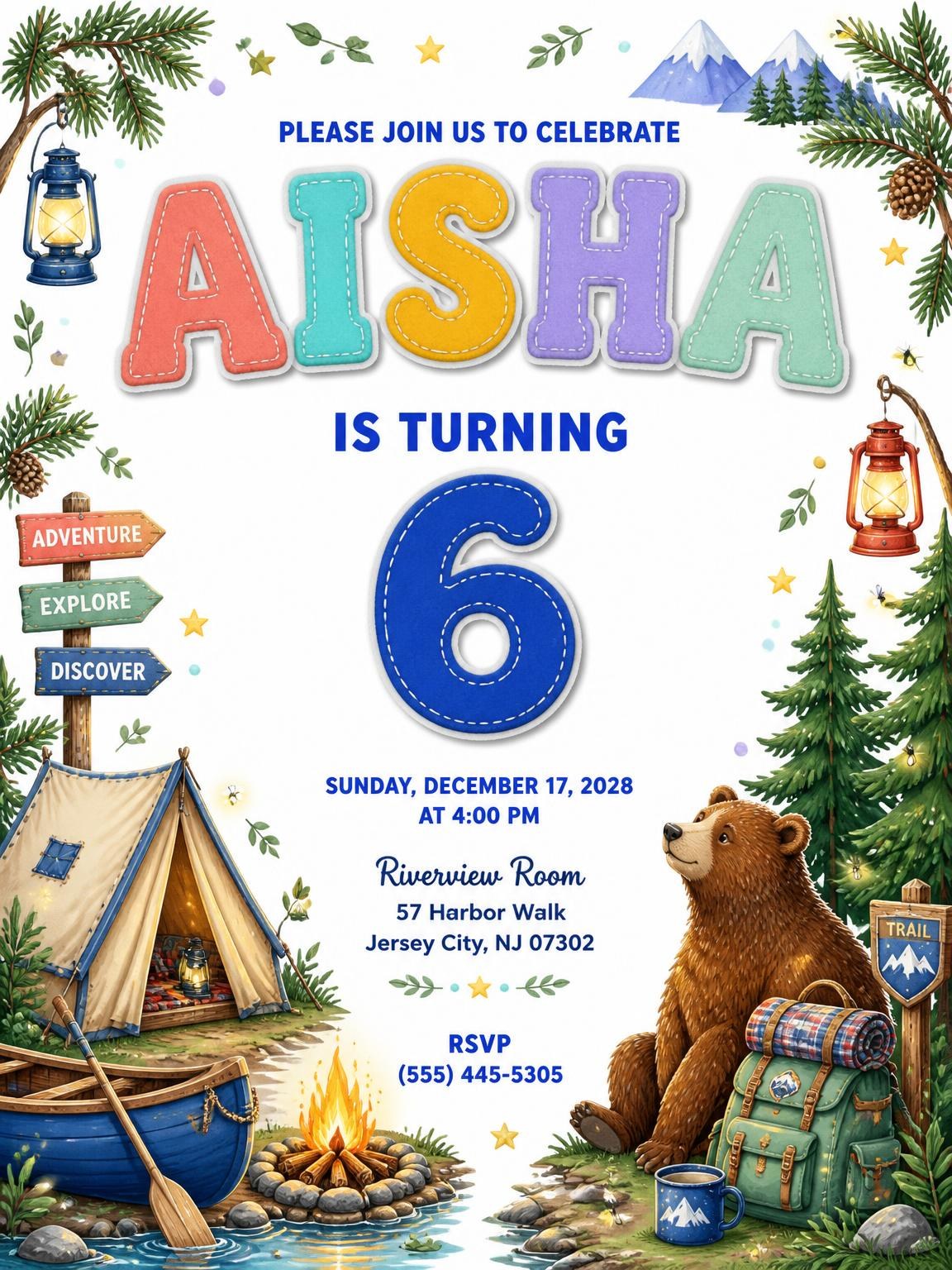 Stitched Camping 6th Birthday Invitation