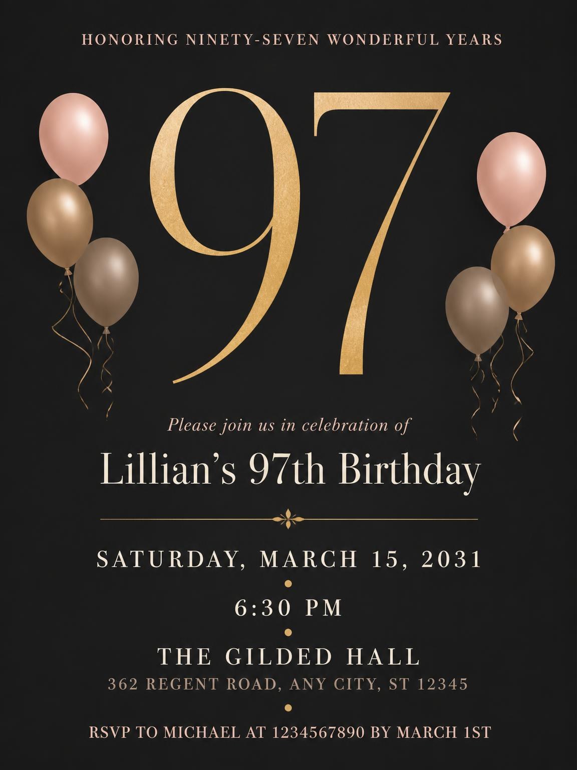 Charcoal and Blush 97th Birthday Invitation