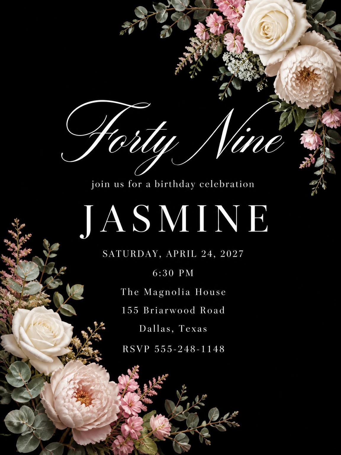 Black Floral 49th Birthday Invitation