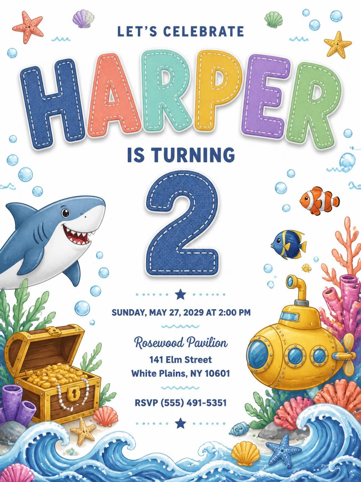 Stitched Shark 2nd Birthday Invitation