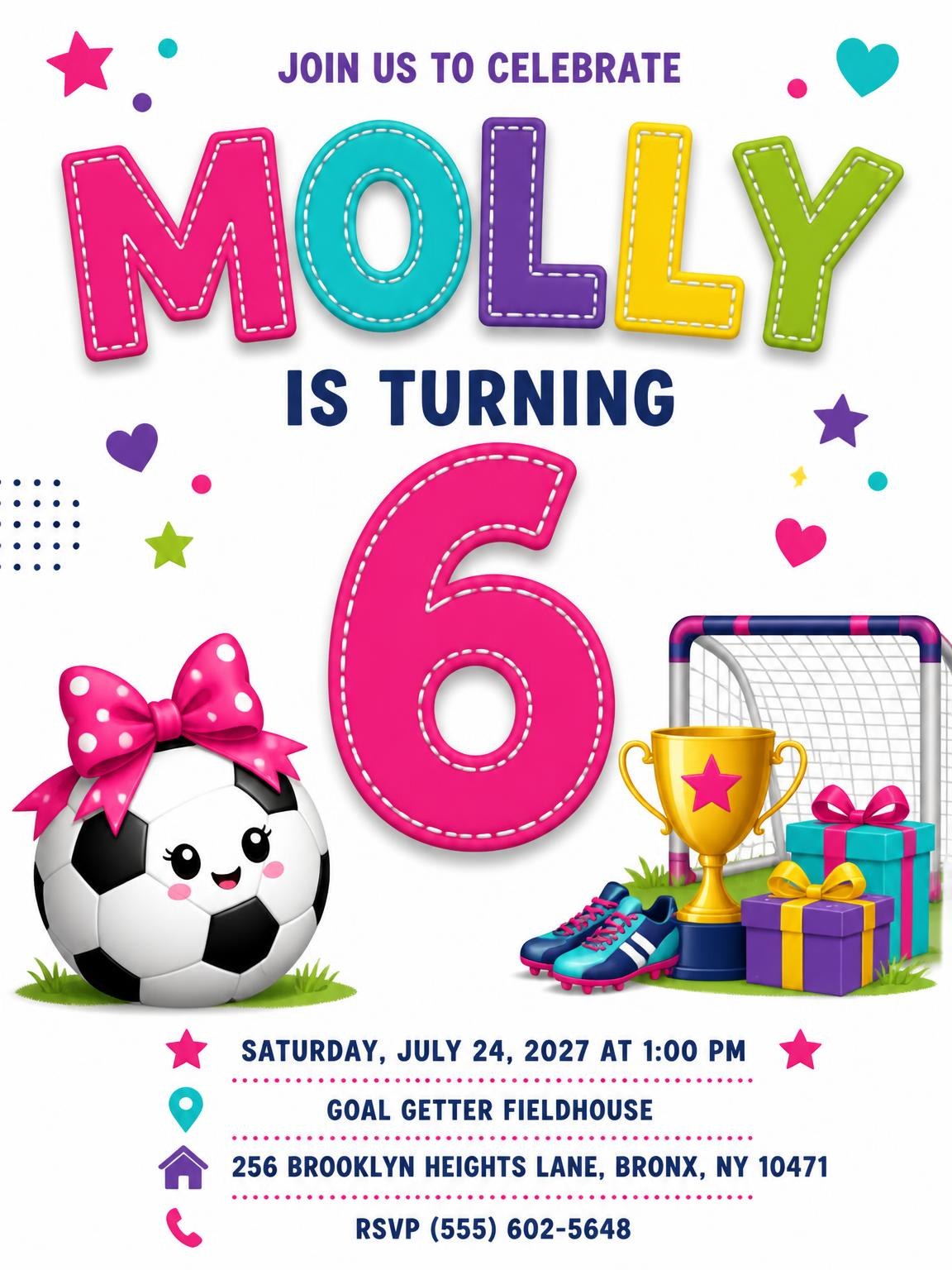 Soccer Goal Stitched 6th Birthday Invitation