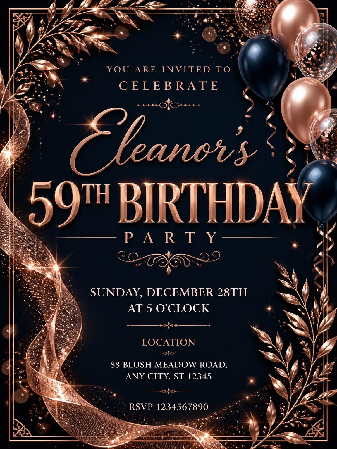 Navy and Rose Gold 59th Birthday Invitation