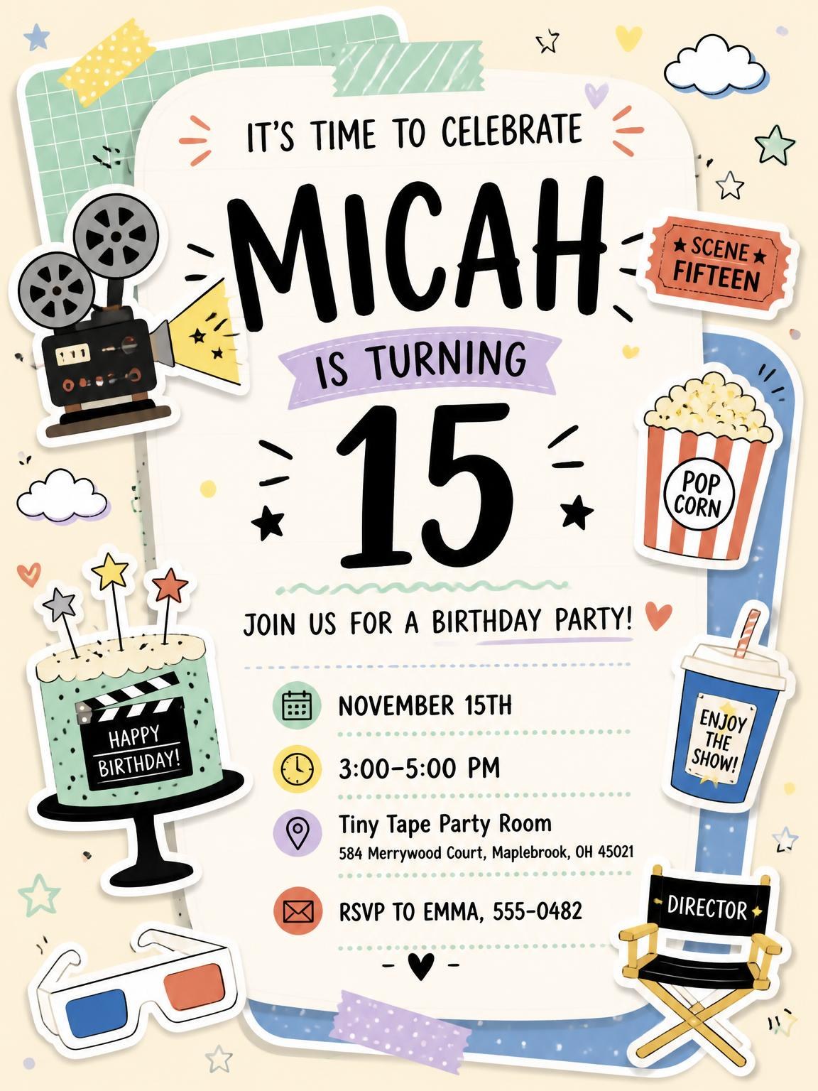 Movie Projector Pastel 15th Birthday Invitation