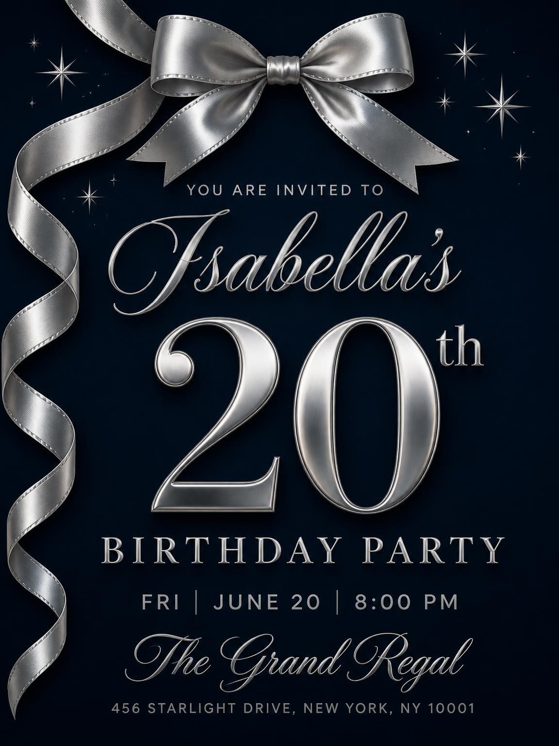 Silver Ribbon Starburst 20th Birthday Invitation