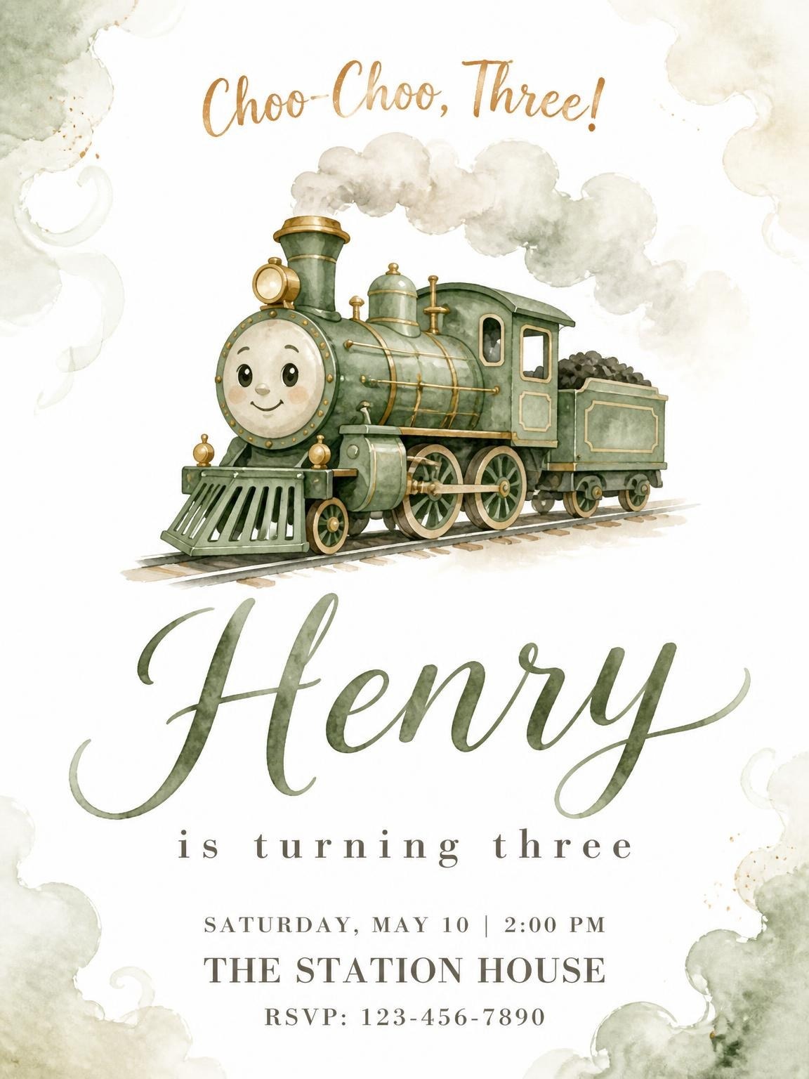 Watercolor Steam Engine 3rd Birthday