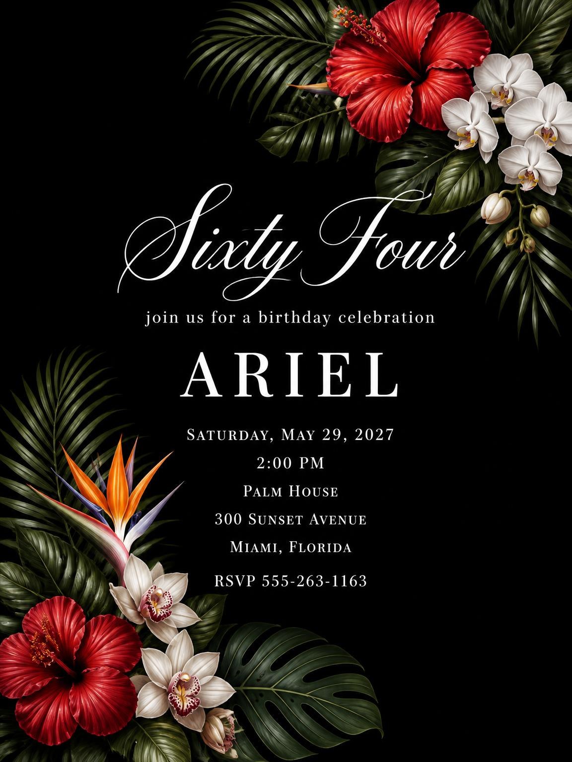 Black Floral 64th Birthday Invitation