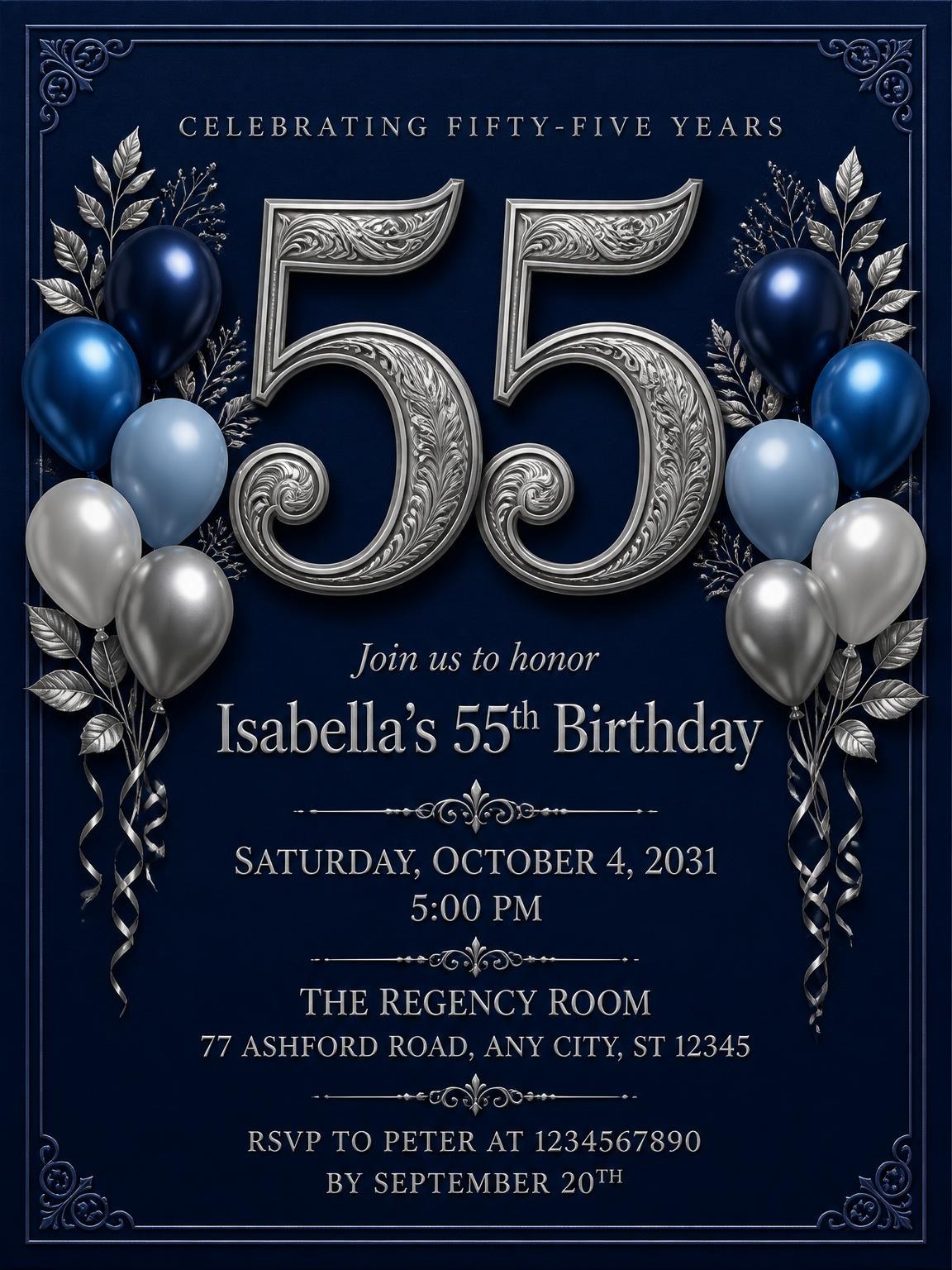 Navy and Silver 55th Birthday Invitation
