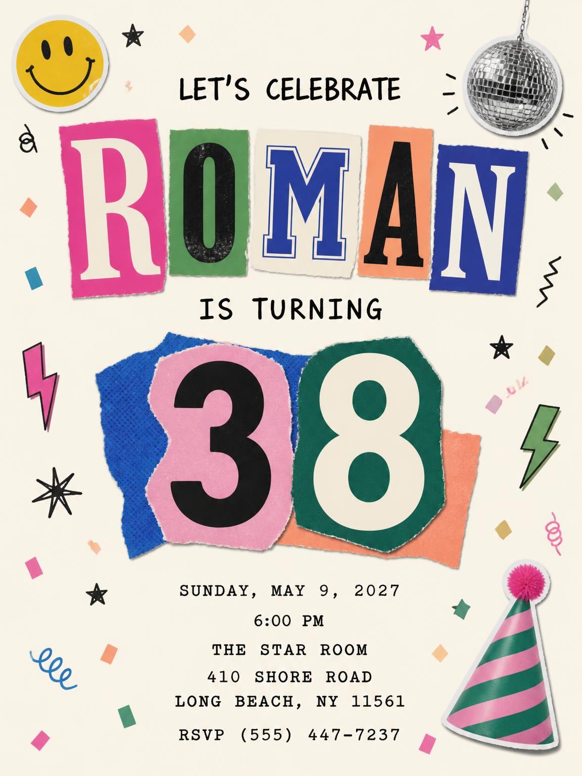 Retro Paper Collage 38th Birthday Invitation