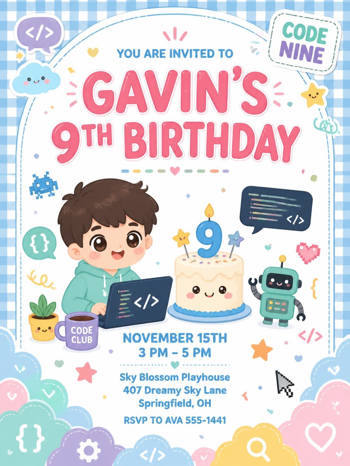 Robot Kawaii Pastel 9th Birthday Invitation