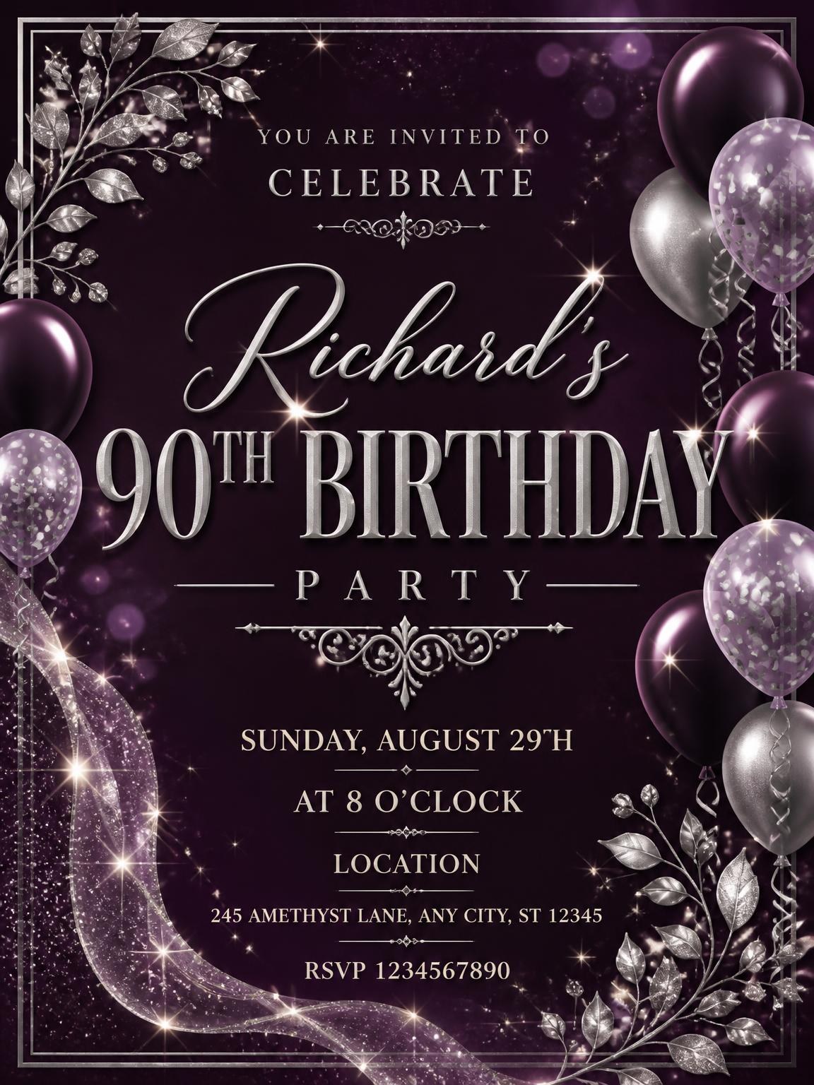 Plum and Silver 90th Birthday Invitation