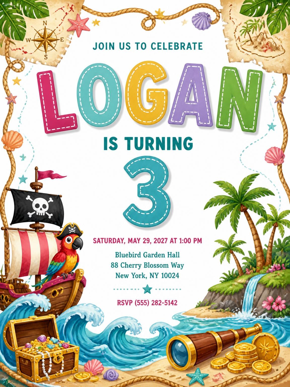 Pirate Adventure 3rd Birthday Invitation