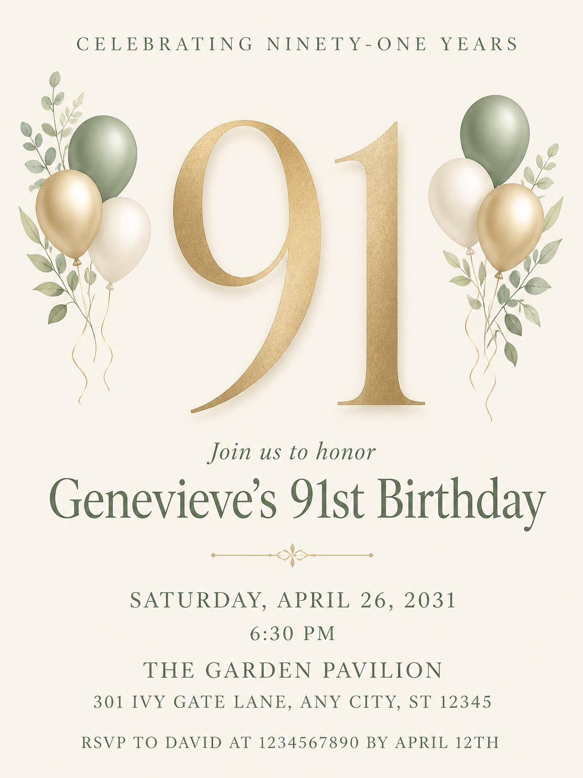 Sage and Ivory 91st Birthday Invitation
