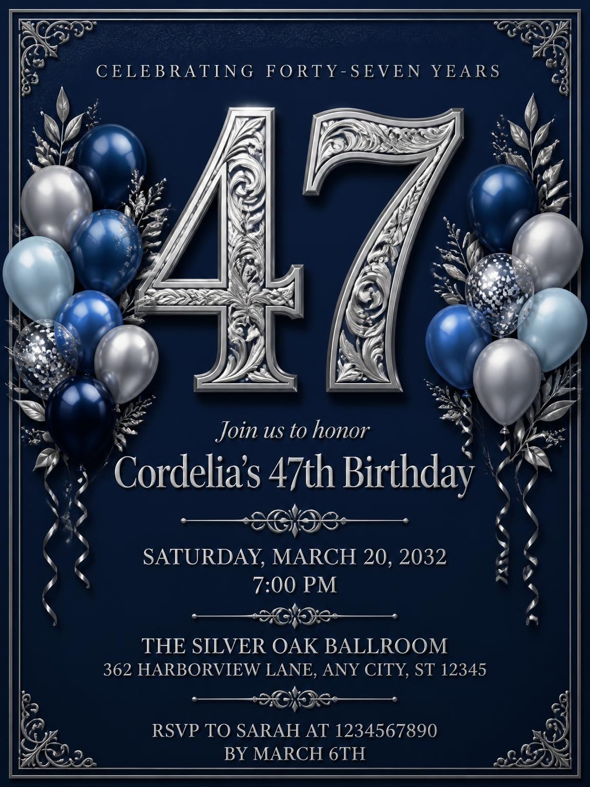 Navy and Silver 47th Birthday Invitation