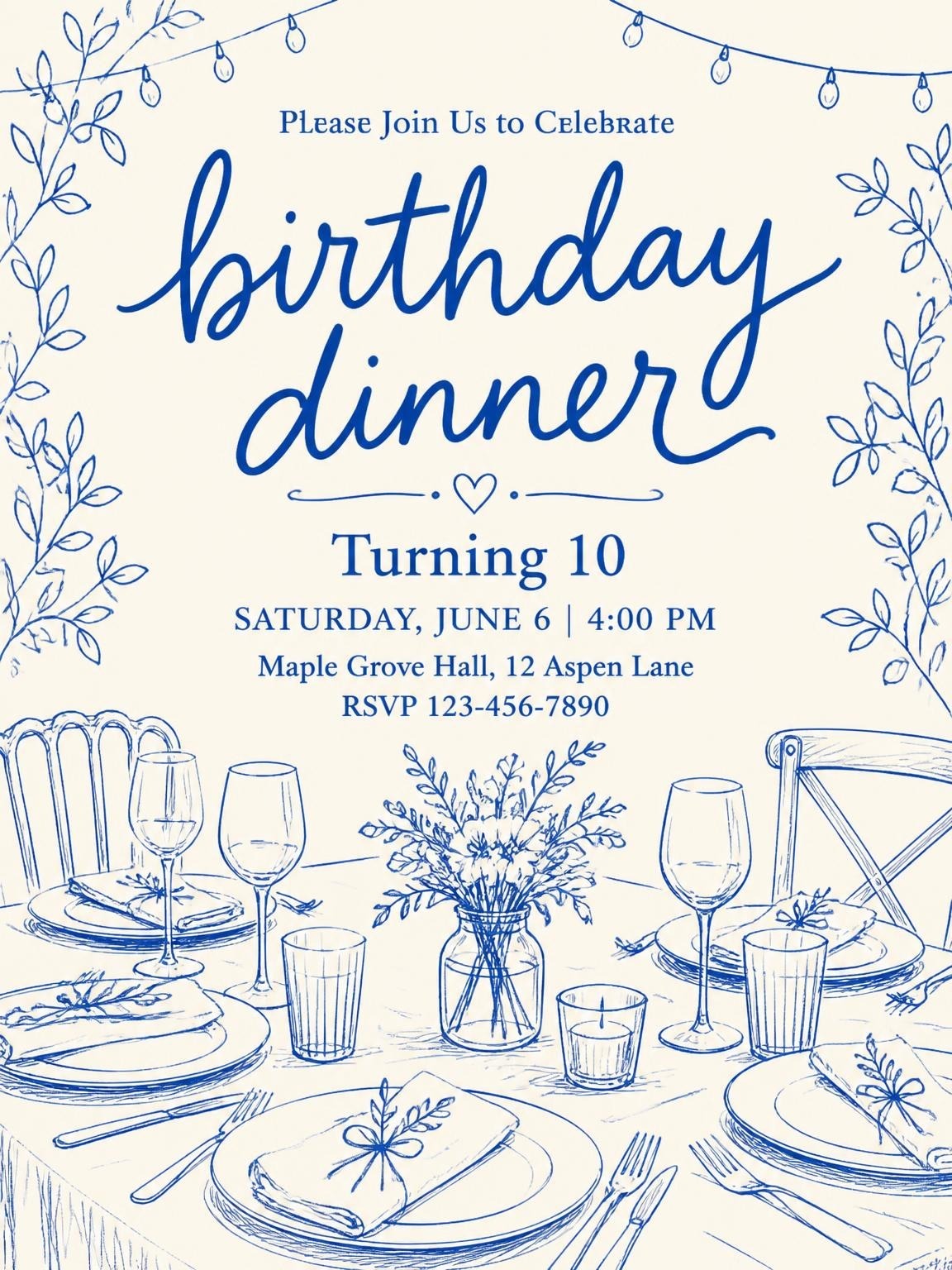 Blue Line-Art Botanical 10th Birthday Dinner