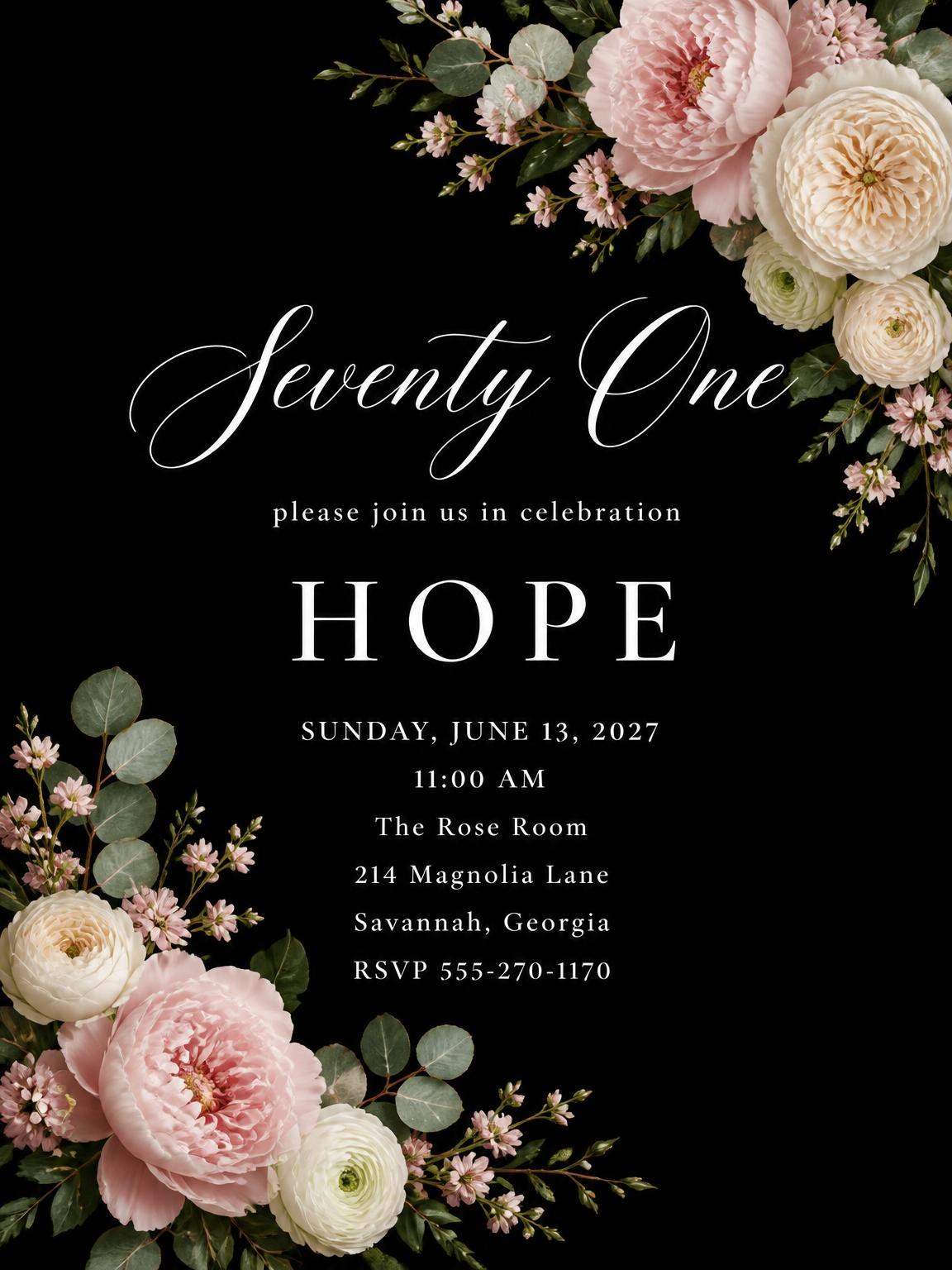 Black Floral 71st Birthday Invitation