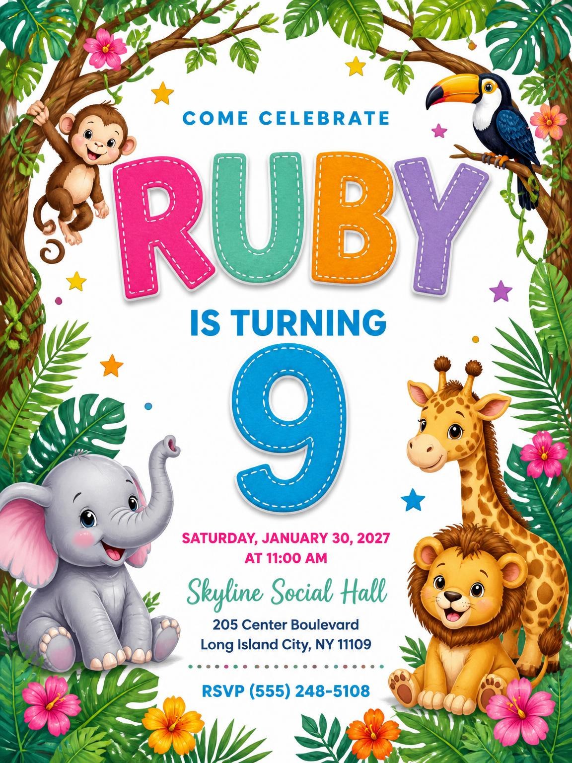 Stitched Safari 9th Birthday Invitation