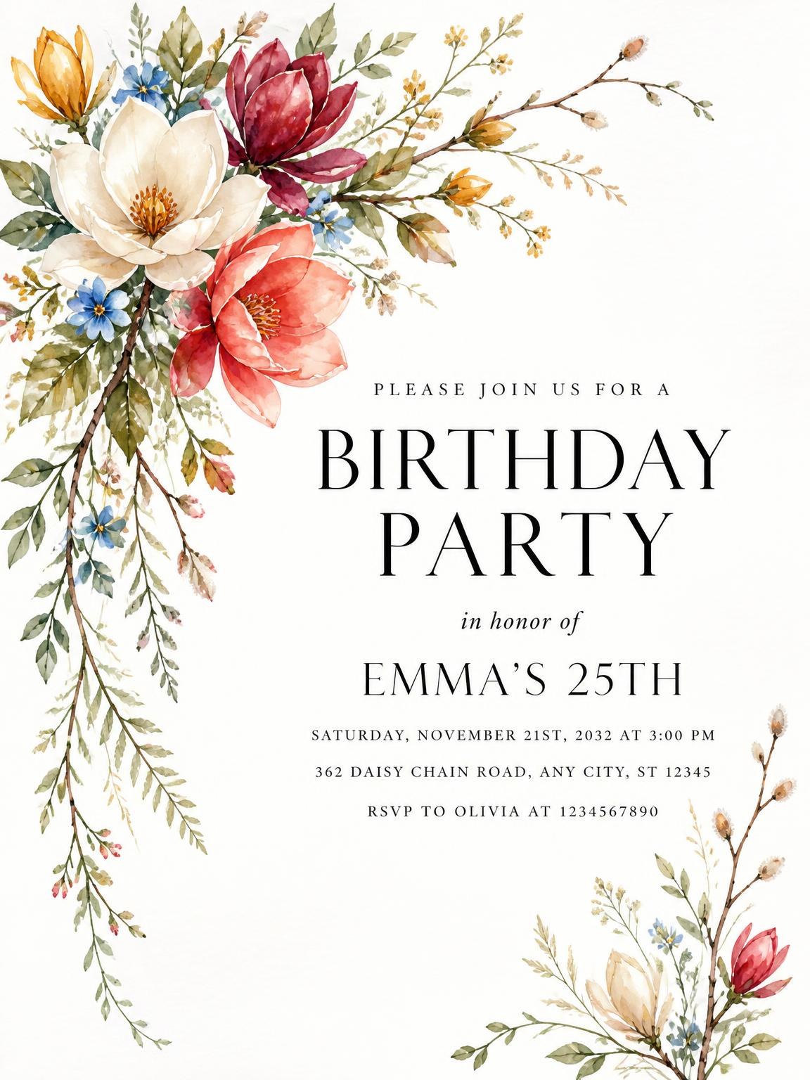 Botanical Sprig Golden 25th Birthday Invitation