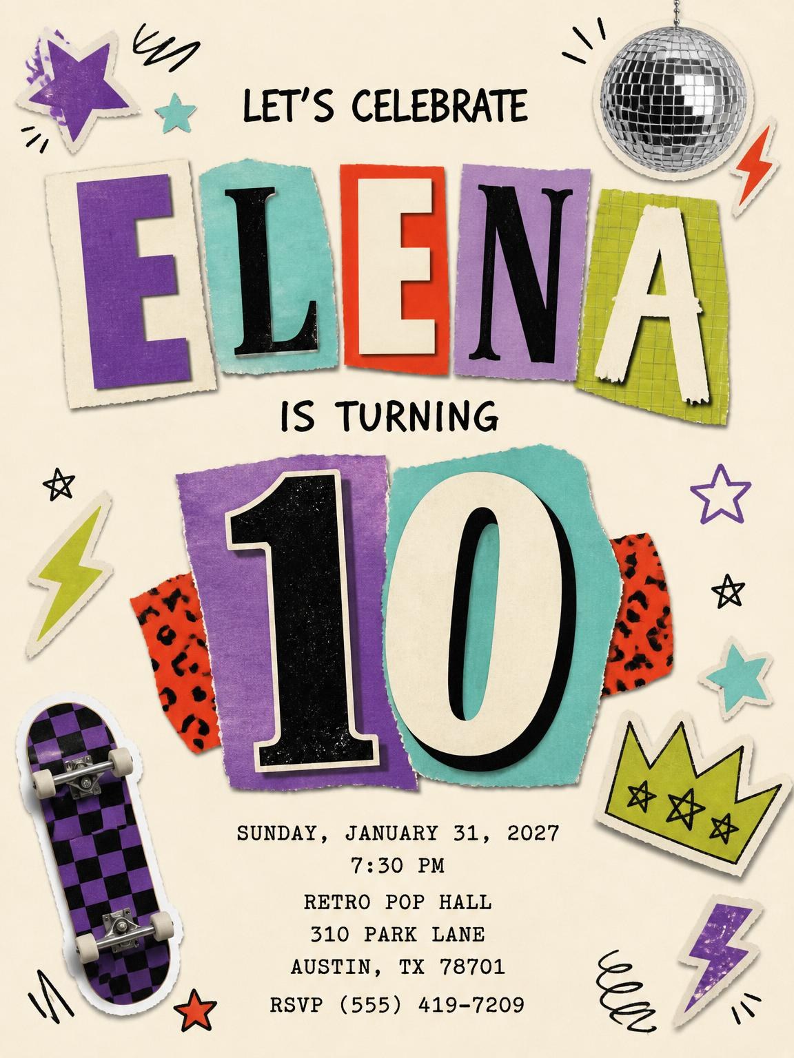 Retro Paper Collage 10th Birthday Invitation