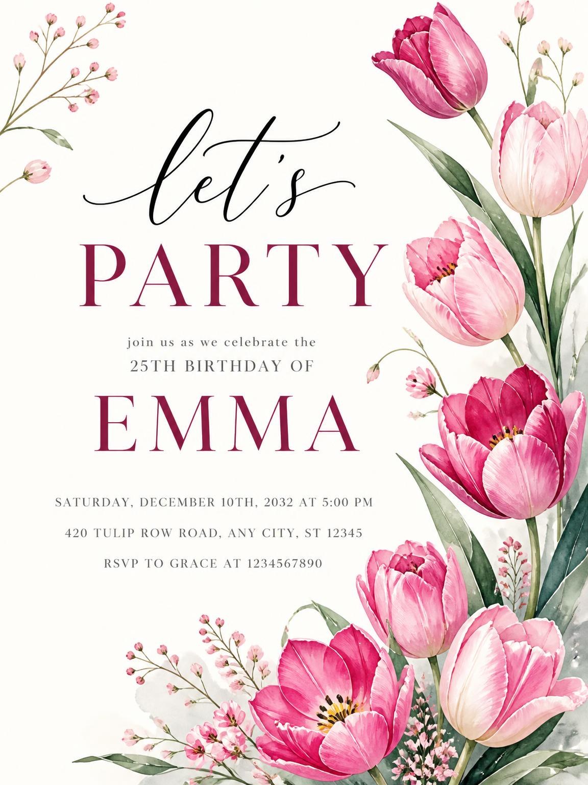 Fuchsia Tulip Botanical 25th Birthday Invitation