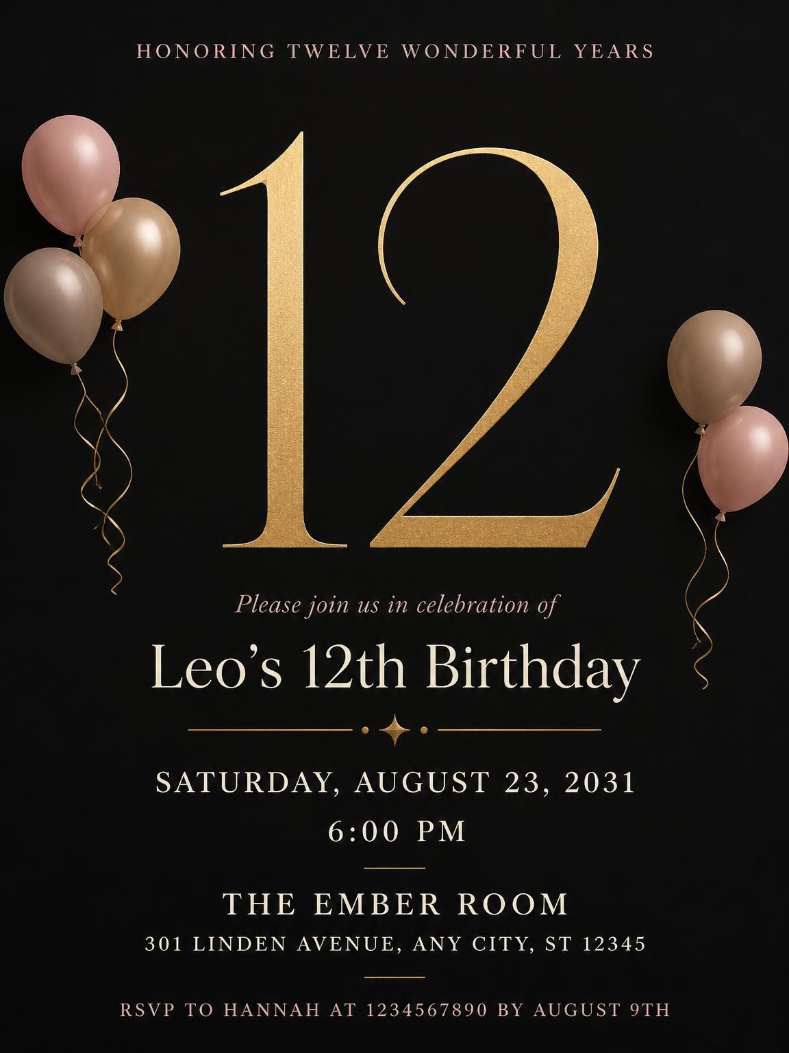 Charcoal and Blush 12th Birthday Invitation