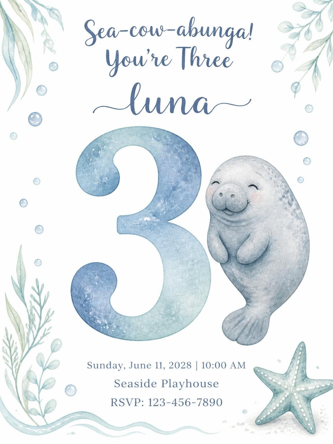Blue Watercolor Manatee 3rd Birthday