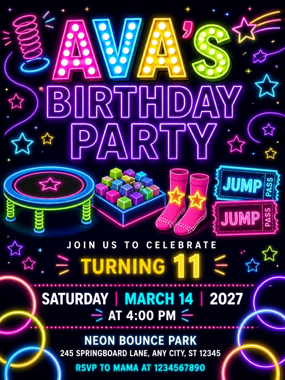 Neon Trampoline 11th Birthday Invitation