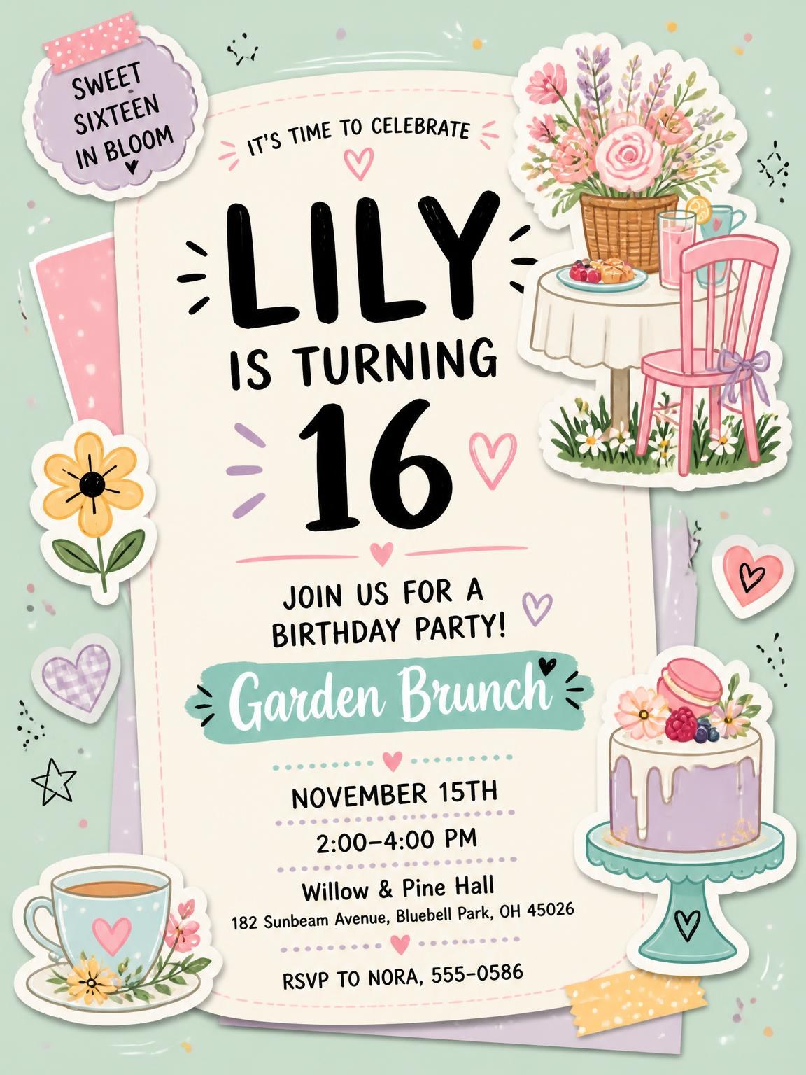 Pastel Garden Brunch 16th Birthday Invitation