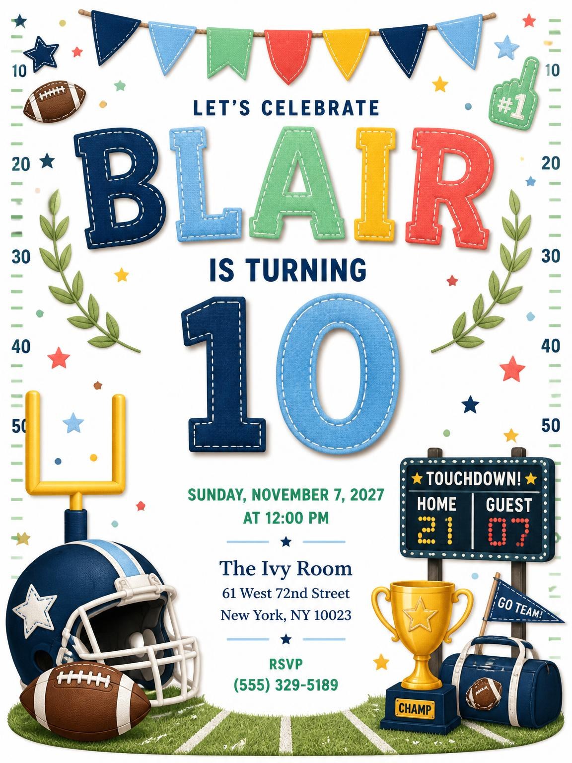 Stitched Football 10th Birthday Invitation