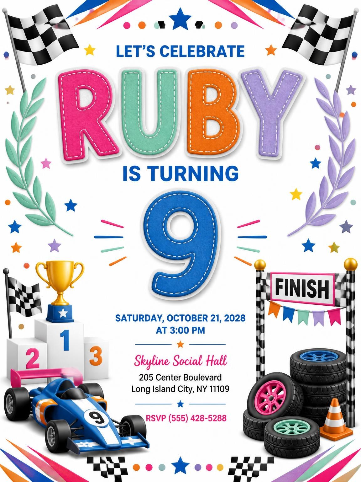 Stitched Race Car 9th Birthday Invitation