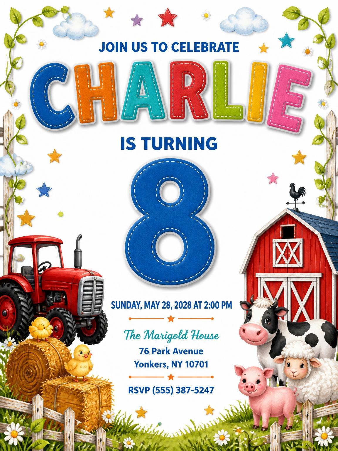 Stitched Farm 8th Birthday Invitation