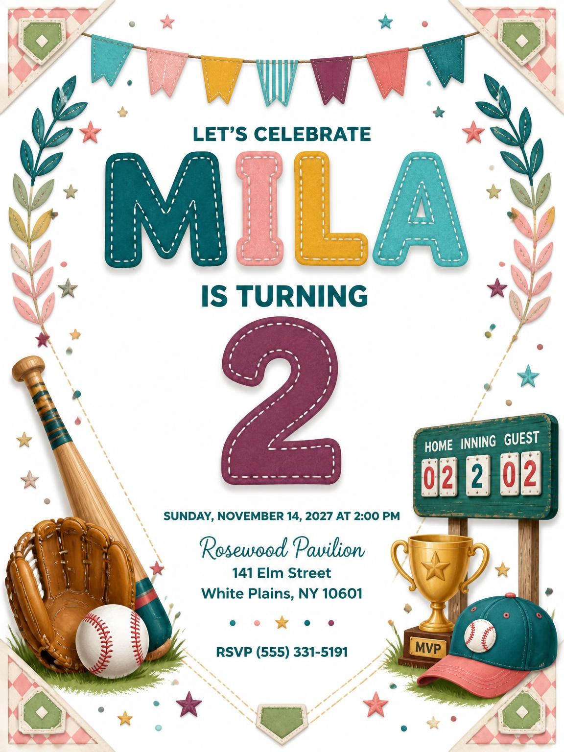 Stitched Baseball 2nd Birthday Invitation