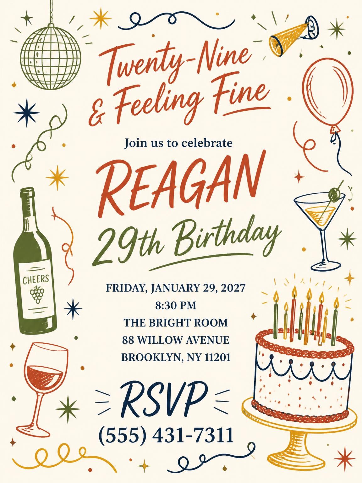 Retro Doodle 29th Birthday Invitation