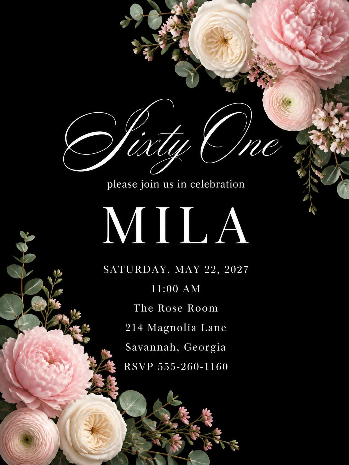 Black Floral 61st Birthday Invitation