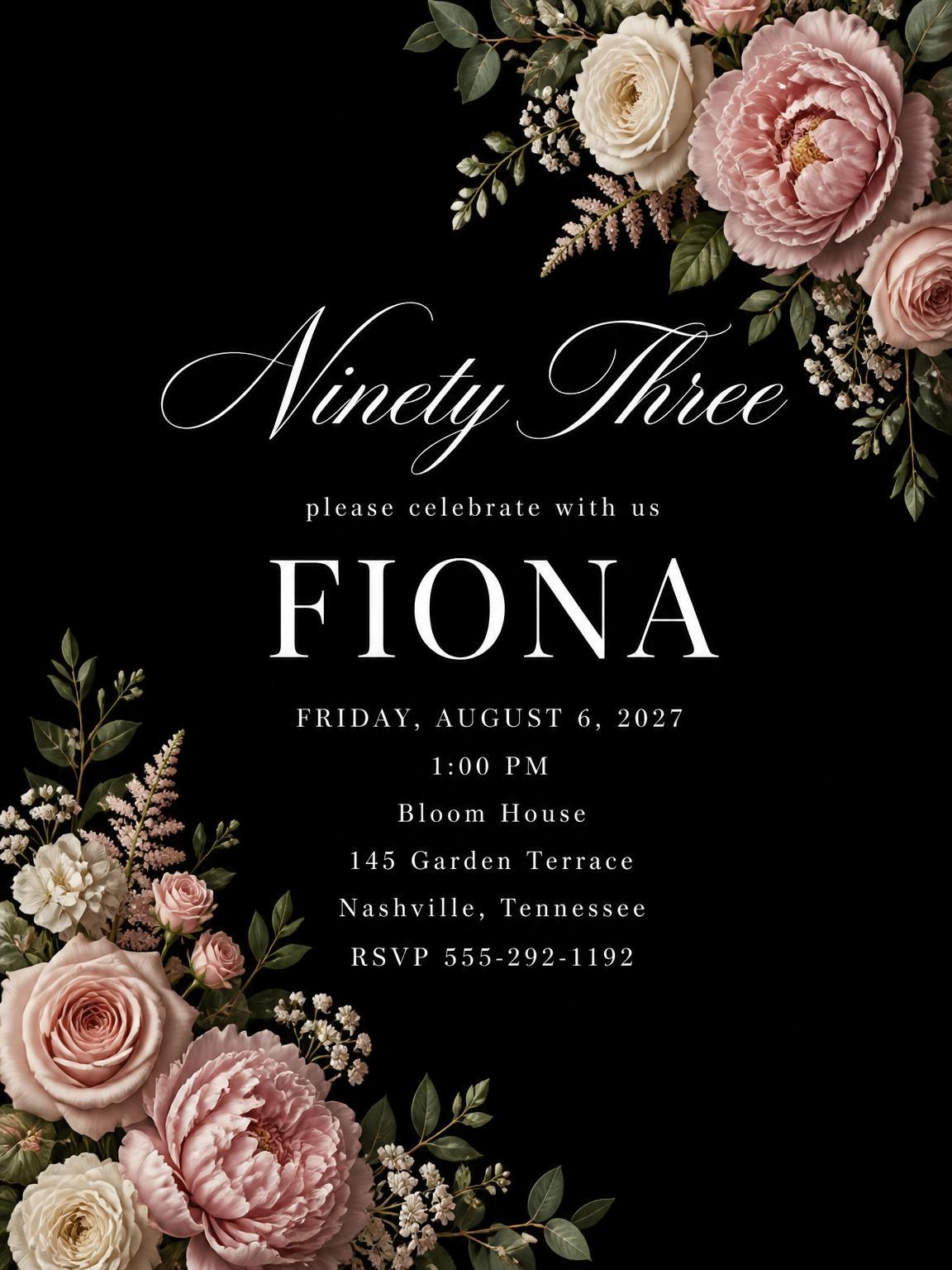 Black Floral 93rd Birthday Invitation