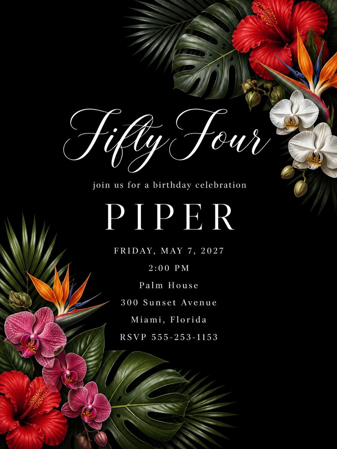 Black Floral 54th Birthday Invitation