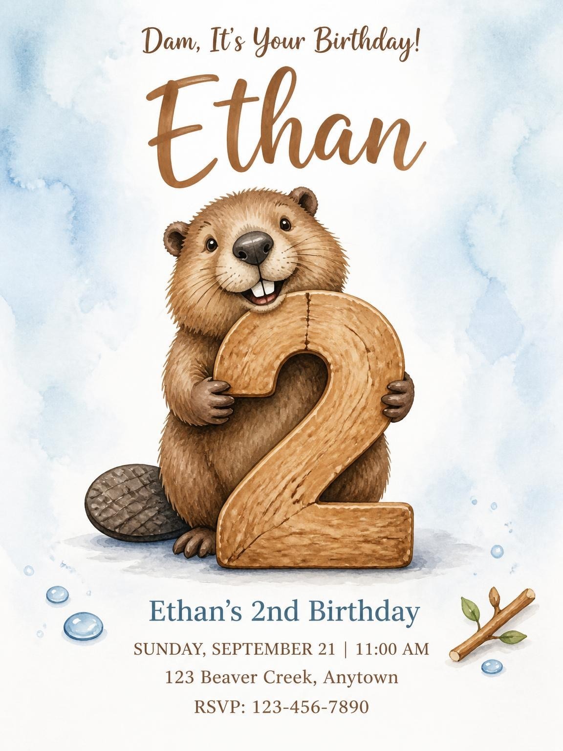 Watercolor Beaver Wood 2nd Birthday