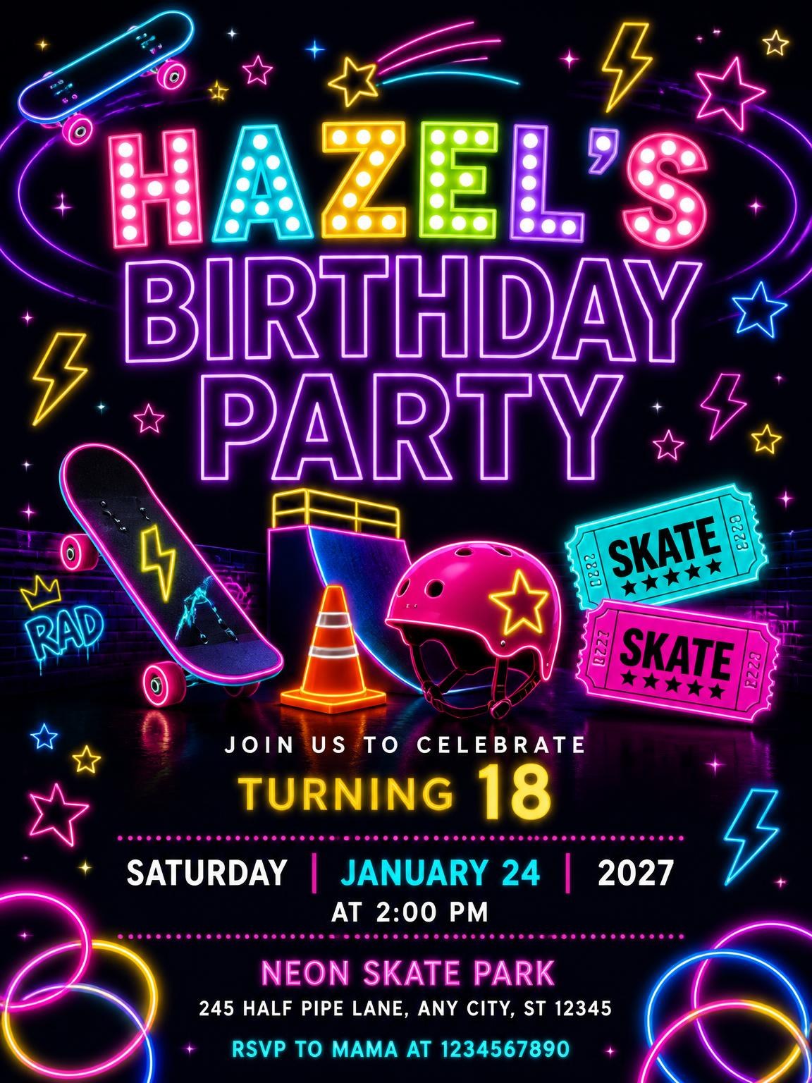 Neon Skateboard 18th Birthday Invitation