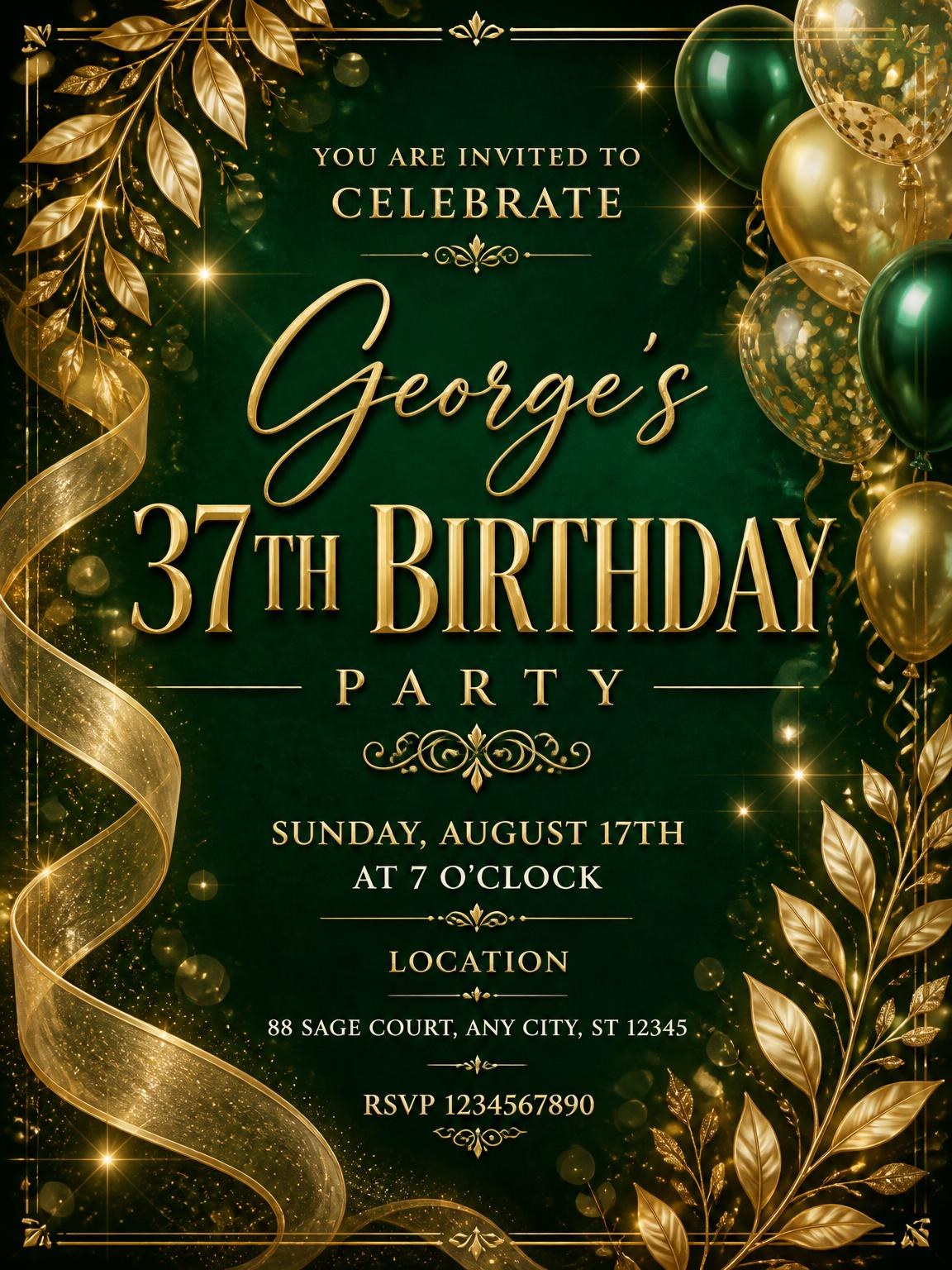 Emerald and Champagne 37th Birthday Invitation