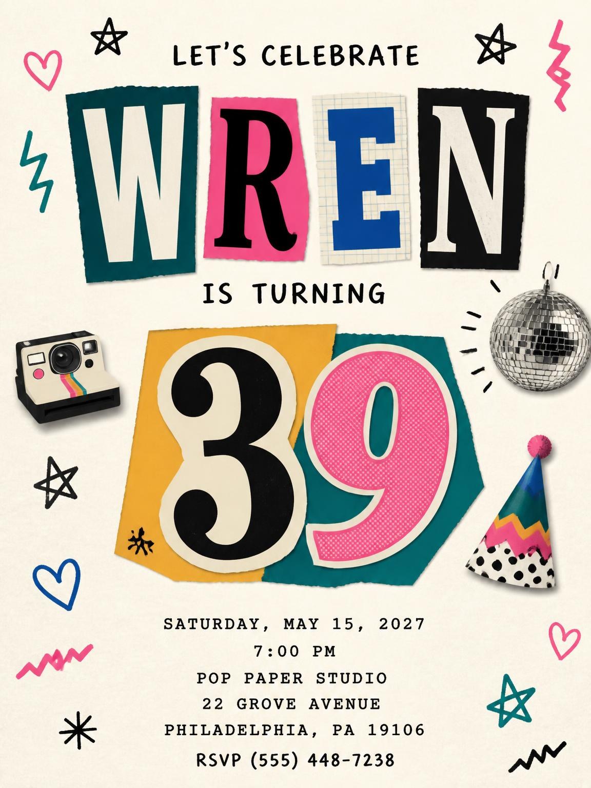 Retro Paper Collage 39th Birthday Invitation