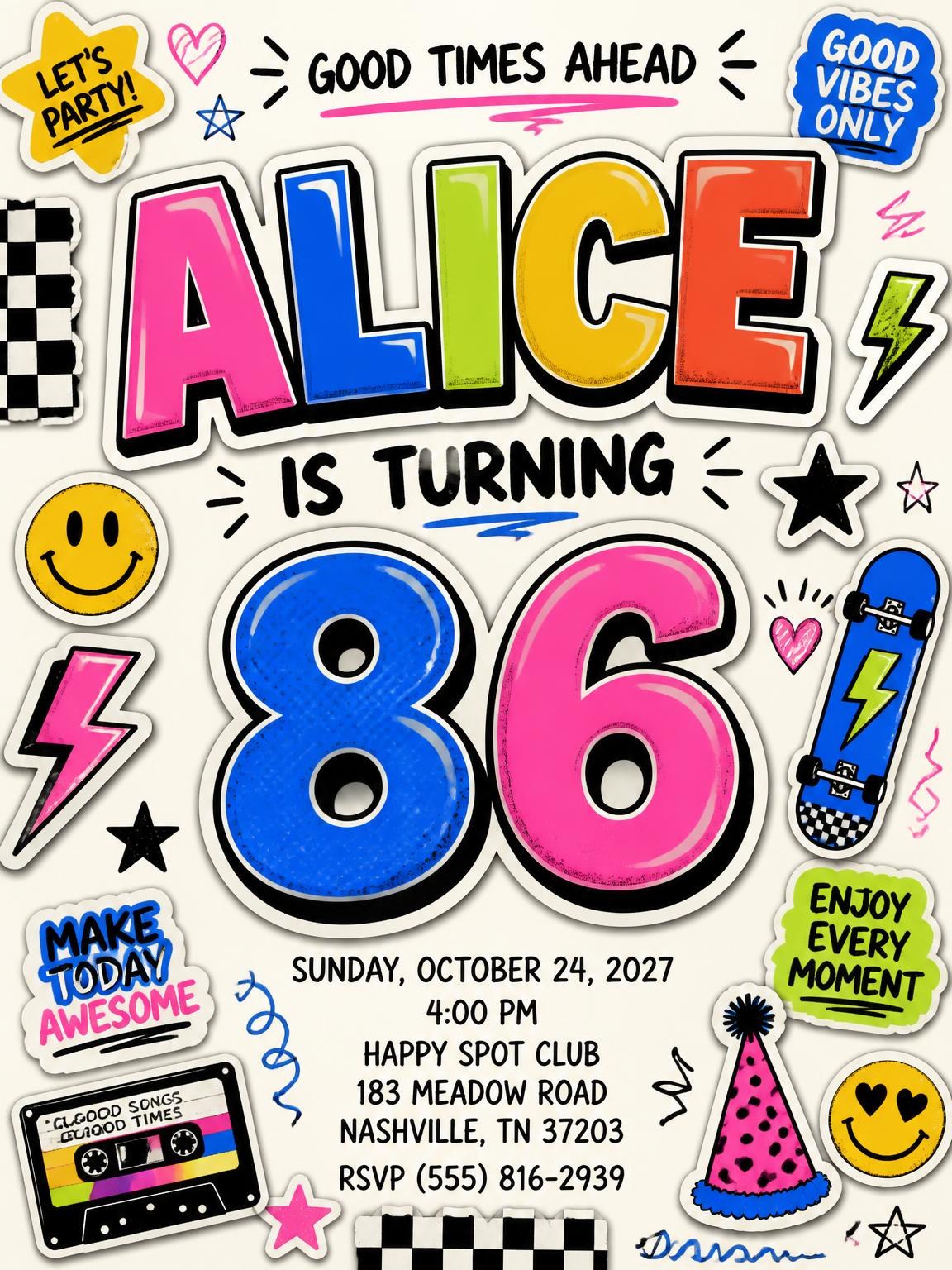 Sticker Pop 86th Birthday Invitation