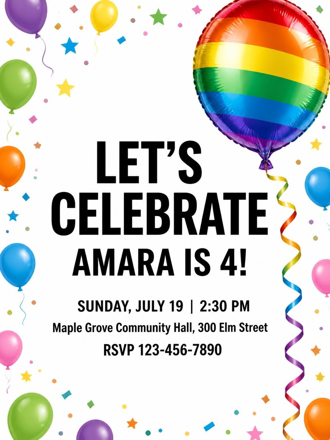Rainbow Balloon Border 4th Birthday Invitation