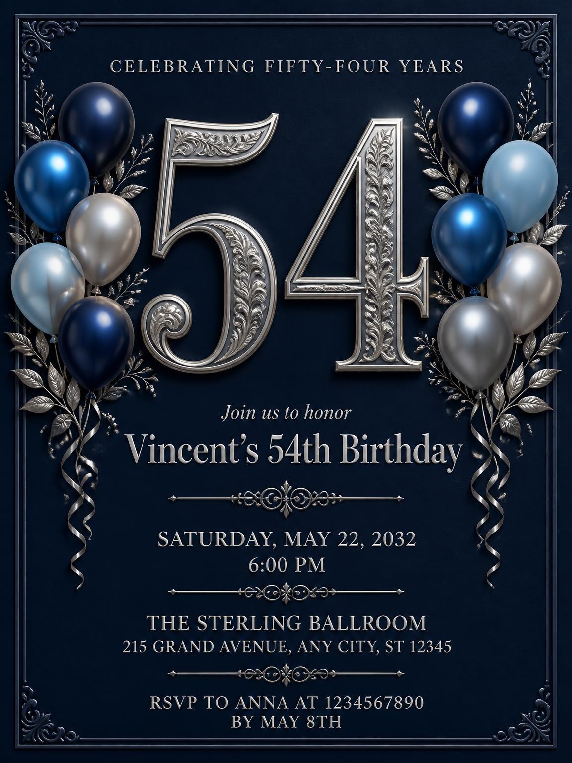 Navy and Silver 54th Birthday Invitation