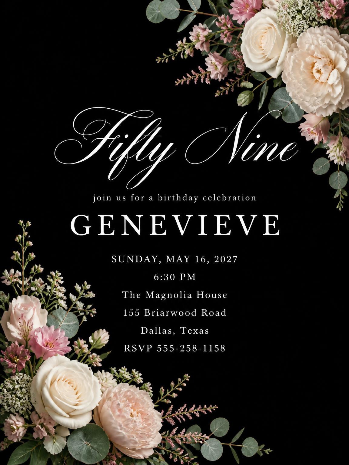 Black Floral 59th Birthday Invitation